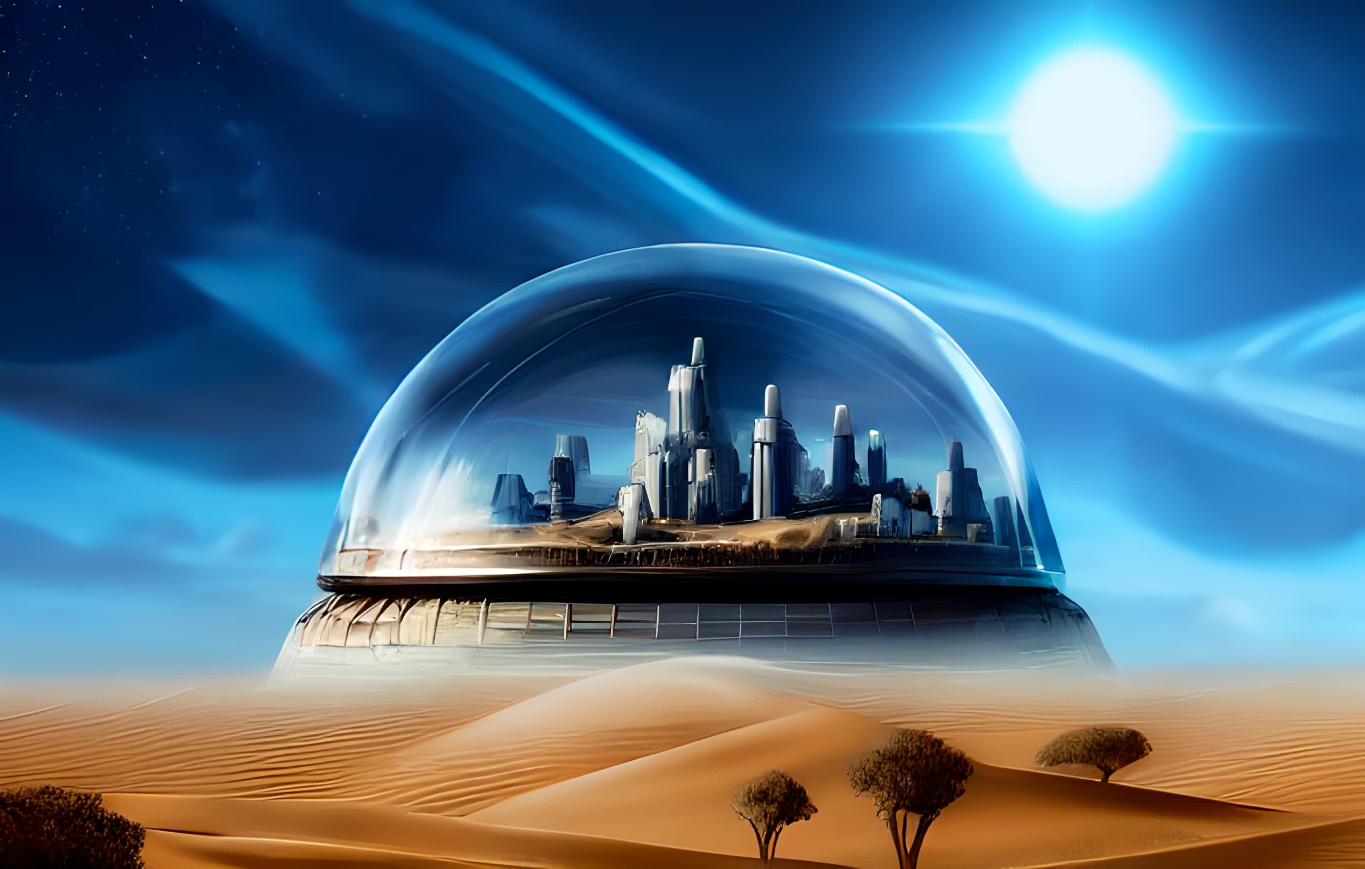 A distant futuristic city full of tall buildings inside a huge transparent glass dome, In the middle of a barren desert full of large dunes, Sun rays, Artstation, Dark sky full of stars with a shiny sun, Massive scale, Fog, Highly detailed, Cinematic, Colorful - (u/argaman123) Stable Diffusion